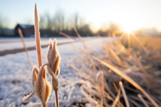 early morning frost on snowshoe tracks beside a frozen cattail cluster