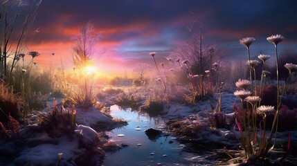 beautiful sunset over a flower filled marsh in january