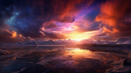 Naklejka premium day turning to night sunset over the mountains