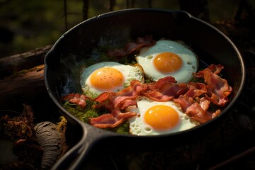 Breakfast with bacon and eggs in a cast-iron frying pan