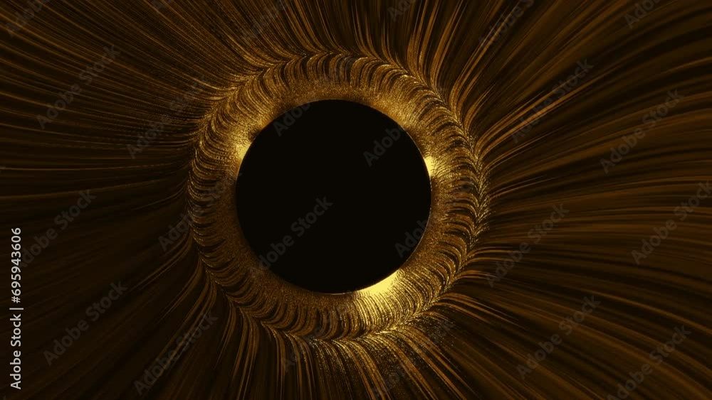 Wall mural luxury gold line wave flowing with light effect and black copy space circle in middle for text, logo