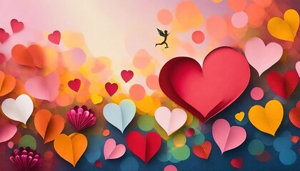 Valentine's Day-themed background image with romantic hues like reds and pinks feature symbols like hearts, roses, and Cupid. there are designated areas for promotional text and the company logo.