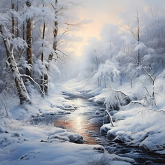 Winter landscape with snow-laden trees and a frozen stream