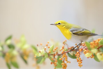 Obraz premium side view of warbler in a forsythia bush
