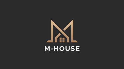 Gold House and letter M Symbol Geometric Linear Style isolated on black Background. Usable for Real Estate, Construction, Architecture and Building Logos.
 - obrazy, fototapety, plakaty