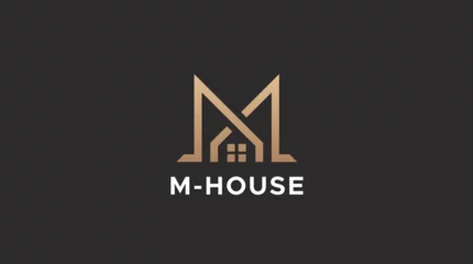 Foto op Plexiglas Gold House and letter M Symbol Geometric Linear Style isolated on black Background. Usable for Real Estate, Construction, Architecture and Building Logos.  © rahmad creative