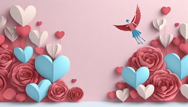 Valentine's Day-themed background image with romantic hues like reds and pinks feature symbols like hearts, roses, and Cupid. there are designated areas for promotional text and the company logo.