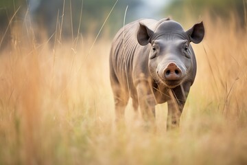 lone warthog walking through tall grass