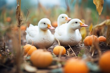 chicks exploring a pumpkin patch