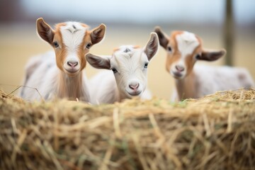 baby goats clambering on hay bales - obrazy, fototapety, plakaty