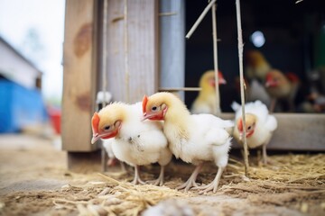 chicks pecking at grains near a coop