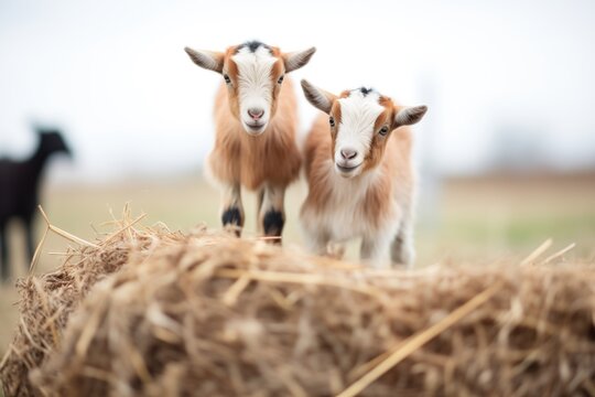 baby goats clambering on hay bales