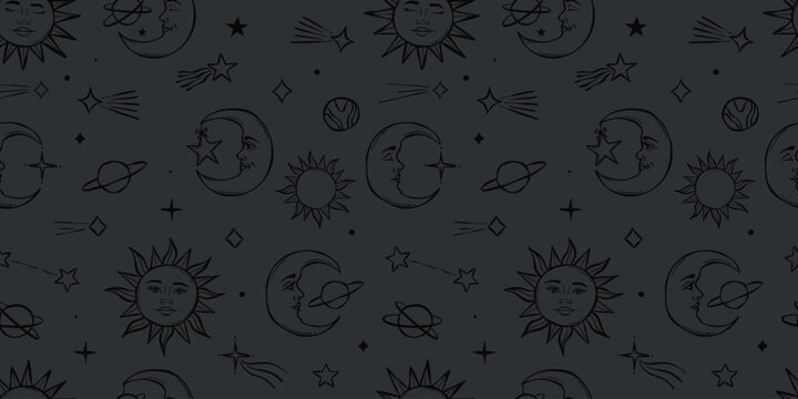 Dark grey celestial background with sun and moon illustrations, hand drawn magical seamless repeat pattern with stars