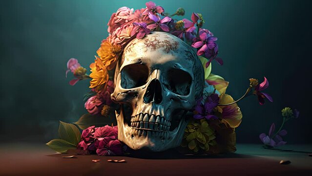 a skull with flowers on its head. Created with generative AI.	

