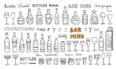 Big set of alcoholic bottles and glasses. Alcohol cocktail drinks, champagne, beer, martini, wine, rum, tequila, cognac, whiskey and other. Great for bar menu, banner. Doodle style. Hand drawn