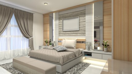 Interior Luxury Master Bedroom with King Size Bed and Wall Panel Decoration