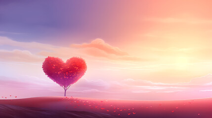 Surreal landscape with pink tree in the shape of heart at sunset sky.