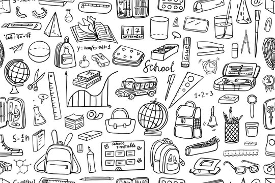 Seamless pattern of school elements. Back to school, education. Great for textile fabric design, wrapping paper, banner, posters, stickers, professional design and website wallpapers. Doodle style