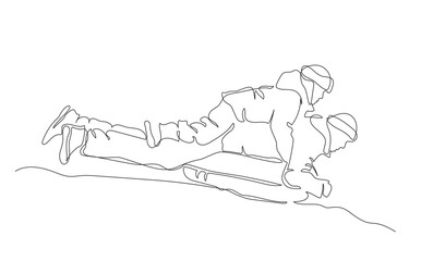 Father and son tubing down the hill. Side view. Snowy winter activity. Continuous line drawing. Black and white vector illustration in line art style.