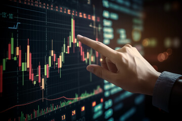 businessman hand pointing to stock market graph,investment concept,digital screen,daylight,medium shot,Generative AI