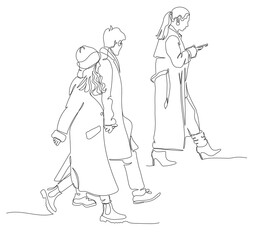 Man looking left at beautiful woman and holding his girlfriend hand. Woman on high heels using phone on the go. Wearing coats. Line art style vector.