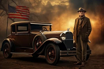  Stylish American man near vintage car. Old time. Generate Ai © juliars