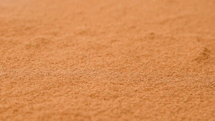 Close up studio shot of spice. Background of brown dried cinnamon powder with fractions.