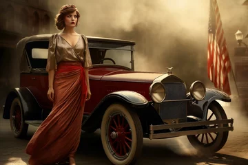 Rolgordijnen Distinctive American woman vintage car 1920 year. Female crime. Generate Ai © juliars