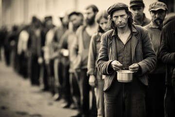 Hungry people, holding containers, waiting for free food in long line, great depression concept Generative AI 