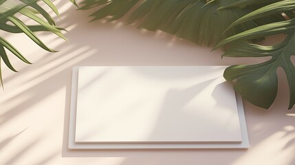 A blank white paper with light and shadow and green leaves border 