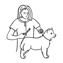 Pet grooming dog. Salon for animals. Doodle style animal and character hand drawn. Vector illustration.