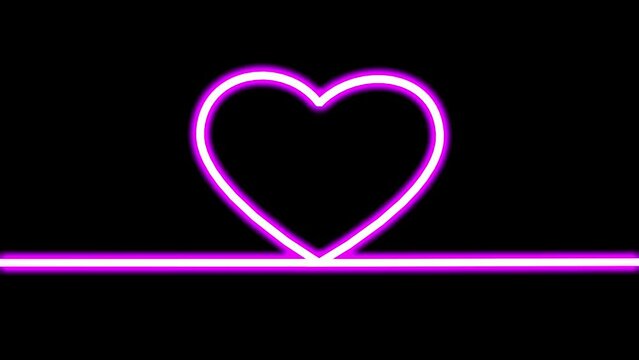 The appearance of a pink neon heart on a black background. 3D render animation. Video effect for valentine's day and wedding.