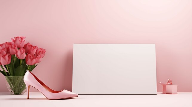 A pink tulips in a vase, blank paper note and pink high-heel shoe on the table.