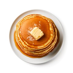 Stack of pancakes with honey and butter on white background, top view.