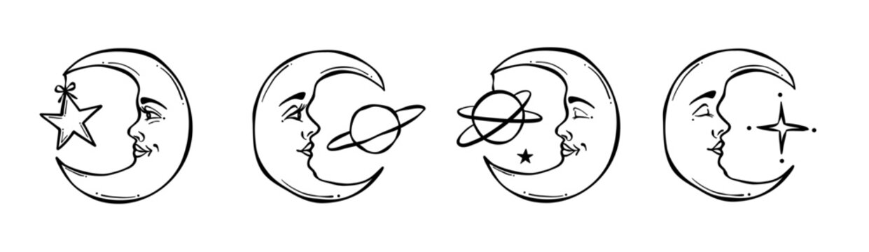Hand drawn moon elements, vector magical crescent illustration set, clip art