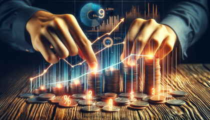 This image showcases hands organizing coins with digital growth charts and percentages, depicting dynamic investment and economic progress