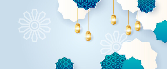 Blue white and gold vector banner for islamic ramadan celebration. Ramadan Kareem background for print, poster, cover, brochure, flyer, banner.