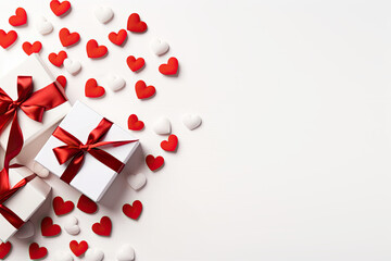 Red, White hearts and gift box on a white background