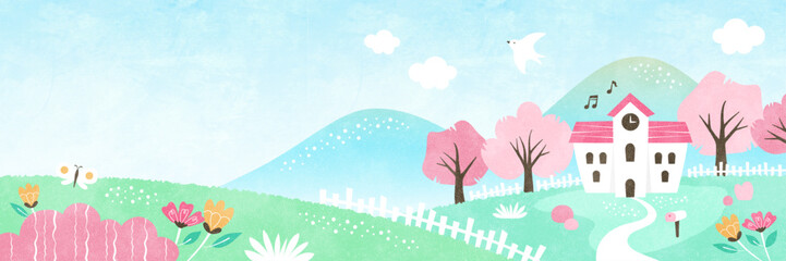 春の学校と桜の風景 自然あふれる水彩の背景イラスト - obrazy, fototapety, plakaty