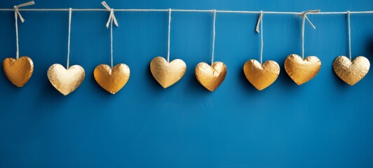 Festive christmas xmas advent valentine celebration concept greeting card - Golden hanging hearts on string on blue background