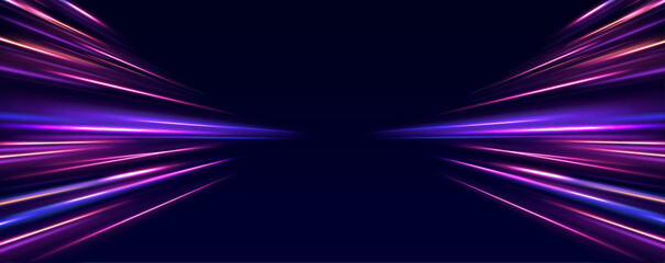 Image of speed motion on the road. Abstract background in blue and purple neon glow colors. Speed of light in galaxy. Panoramic high speed technology concept, light abstract background. Vector. - obrazy, fototapety, plakaty