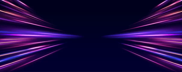 Foto auf Leinwand Image of speed motion on the road. Abstract background in blue and purple neon glow colors. Speed of light in galaxy. Panoramic high speed technology concept, light abstract background. Vector. © Helena