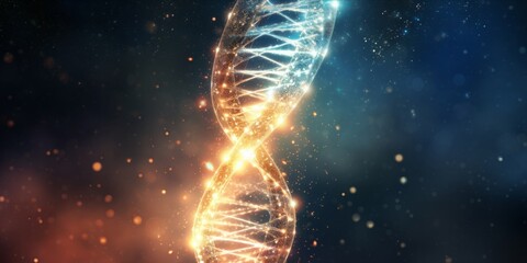 Digital illustration of a glowing DNA double helix with particles - obrazy, fototapety, plakaty
