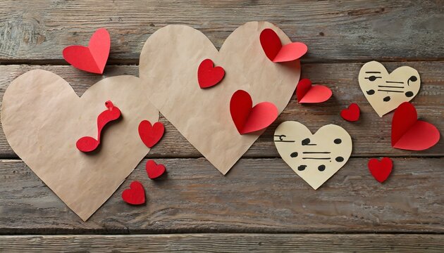 paper hearts with music notes on wooden background