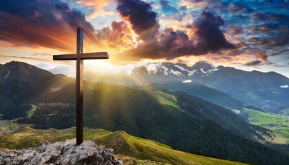 jesus christ cross easter resurrection concept christian cross on a background with dramatic lighting colorful mountain sunset dark clouds and sky and sunbeams generative ai
