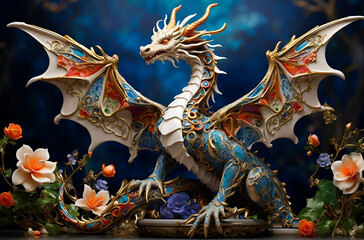 Fototapeta premium A Dragon Statue Spreads Its Wings in Majesty