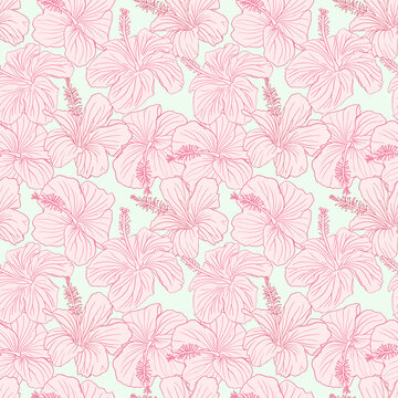 Hibiscus pink flower silhouette and line art seamless pattern for textile, fabric, wallpaper or scrapbook paper. Hand drawn floral tropical illustration, botanical greenery vector background. © Oksana