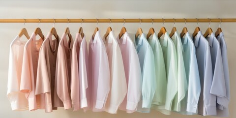 Row of pastel colored shirts on hangers