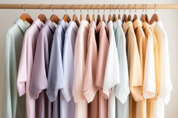 Row of pastel colored shirts on hangers