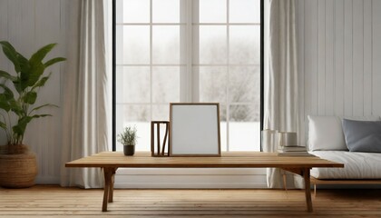 mockup space on a wooden tabletop against a barred minimal white living room as a background